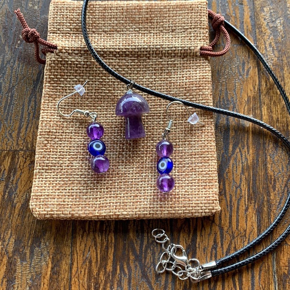 Amethyst Mushroom Necklace Crystal Mushroom Necklace Amethyst Evil Eye Earrings
